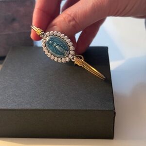 Luca + Danni Gold-Tone Bracelet with Blue Religious Oval and Crystal Halo